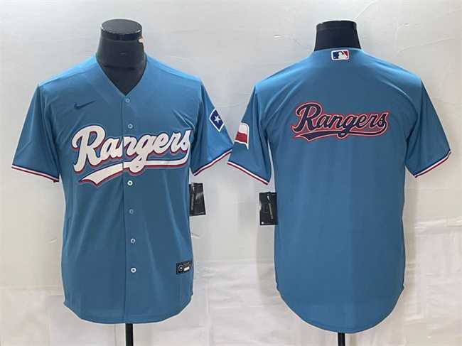 Men%27s Texas Rangers Blue Team Big Logo With Patch Cool Base Stitched Baseball Jersey